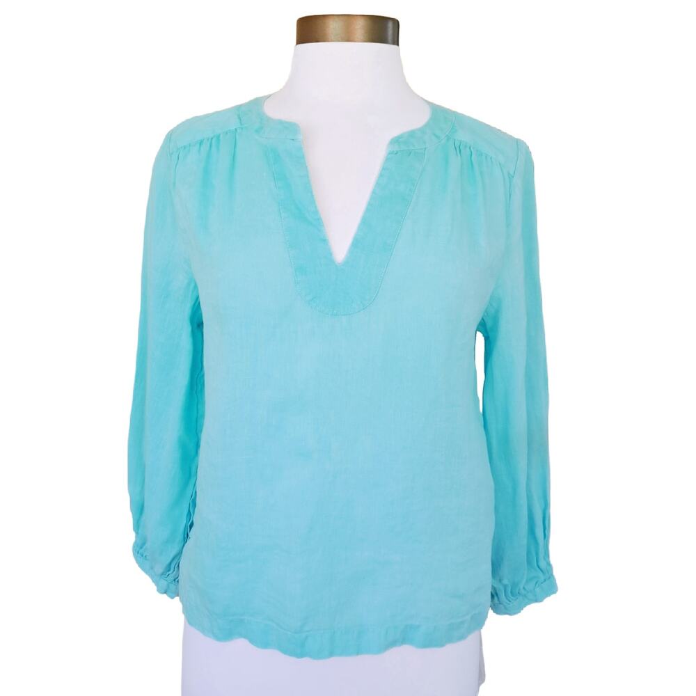 H by Halston Aqua Blue 100% Linen Blouse Top Size Small